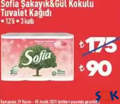 SOFİA ŞAKAYIK&GÜL KOKULU TUVALET KAĞIDI 12'Lİ 3 KATLI fiyat ve kampanya bilgisi